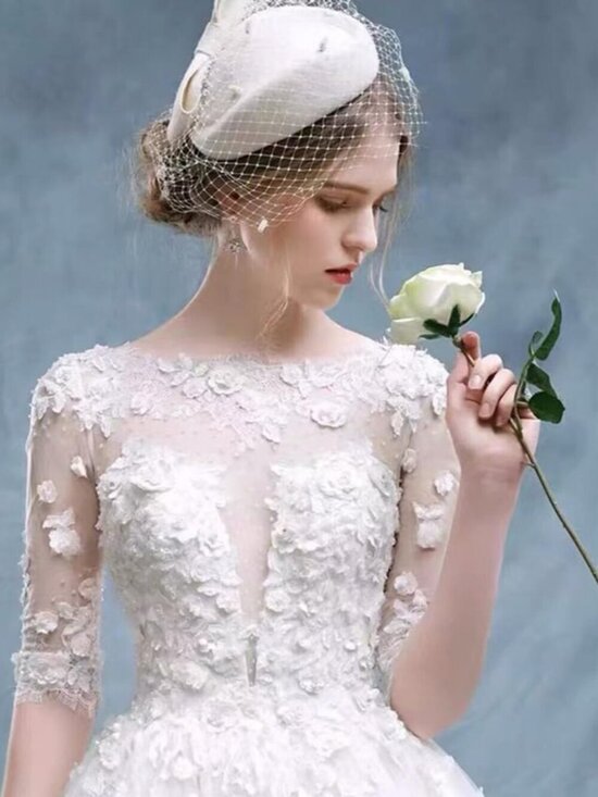 Women\'s Wool Felt Flower Pillbox Hat British Wedding Church Derby Hats White